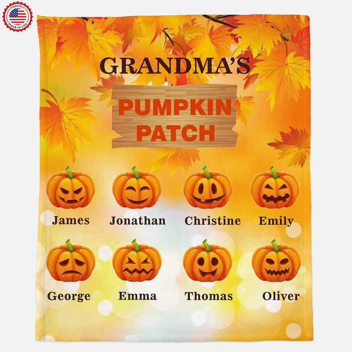 Personalized Fleece Blanket Grandma's Pumpkin Patch Cute Pumpkin And Maple Leaves Printed Custom Grandkids Name