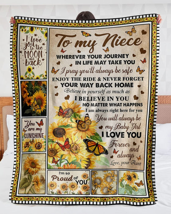 Personalized To My Niece Blanket From Aunt Wherever Your Journey In Life May Take Sunflower & Butterfly Printed