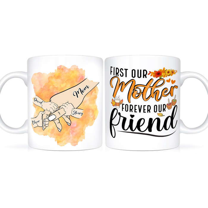 Personalized Ceramic Mug For Mom Fist Our Mother Hold Hand Autumn Flowers Print Custom Name 11 15oz White Coffee Cup