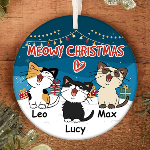 Personalized Ornament For Cat Lovers Meowy Heart Stars Lights Smiling Cat Custom Name Tree Hanging Gifts For Christmas