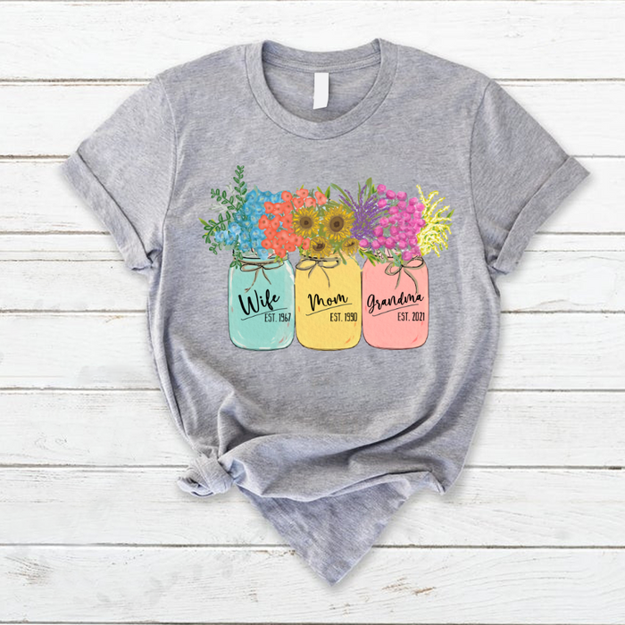 Personalized T-Shirt For Wife Mom Grandma Est. Year Vase Of Colorful Flower Printed Mothers Day Shirt