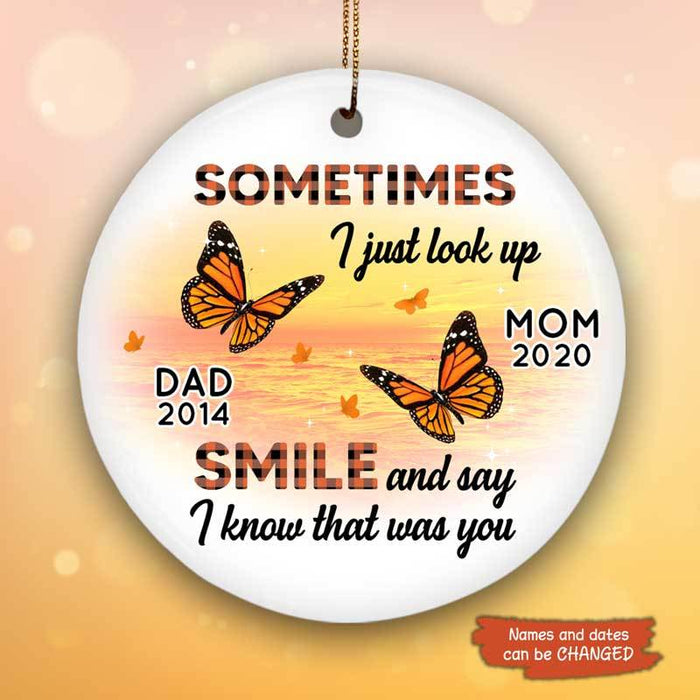 Personalized Memorial Ornament For Dad Mom In Heaven Butterflies Plaid Sunset Custom Name Tree Hanging Bereavement Gifts