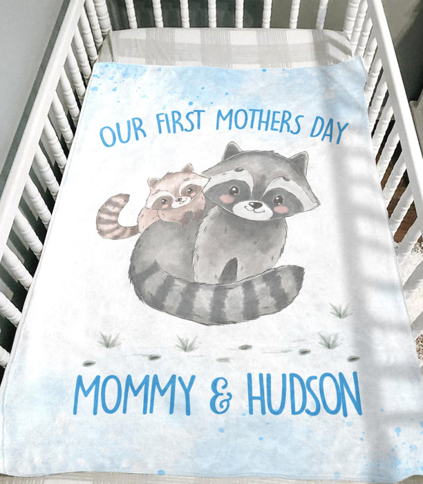 Personalized Premium Blue Blanket For New Mom Our First Mother'S Day Mommy & Son Cute Raccoon Printed Custom Name