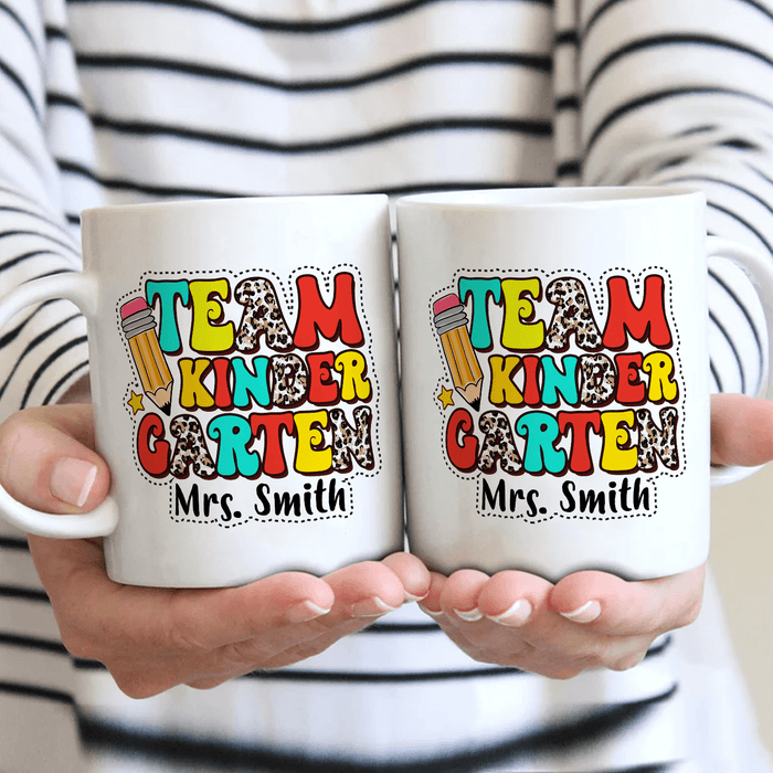 Personalized Coffee Mug For Teacher Team Kindergarten Leopard Pencil Custom Name Ceramic White Cup Back To School Gifts