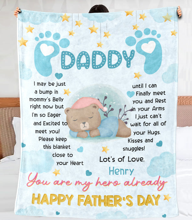 Personalized Fleece Sherpa Blanket From Baby Boy To New Daddy Cute Bear I Just Can't Wait Custom Name For Fathers Day