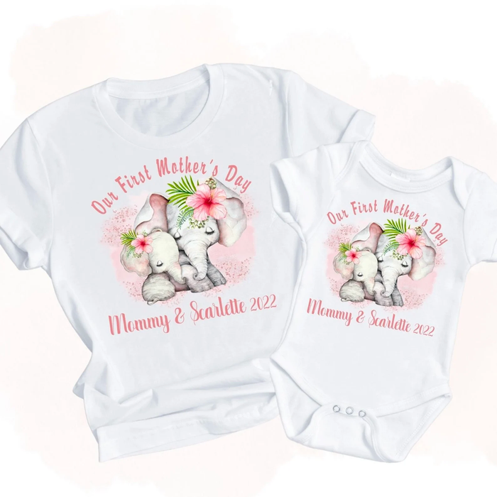 Personalized Matching T-Shirt & Baby Onesie Our First Mother'S Day Beautiful Hugging Elephant Design Custom Name
