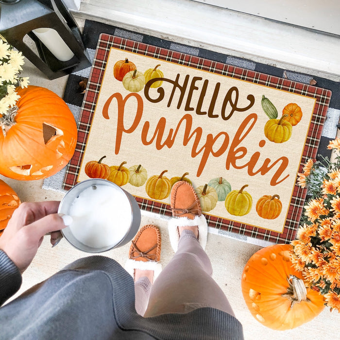 Welcome Doormat For Fall Lovers Hello Pumpkin Cute Pumpkins Printed Plaid Design Fall Doormat Thanksgiving Doormat
