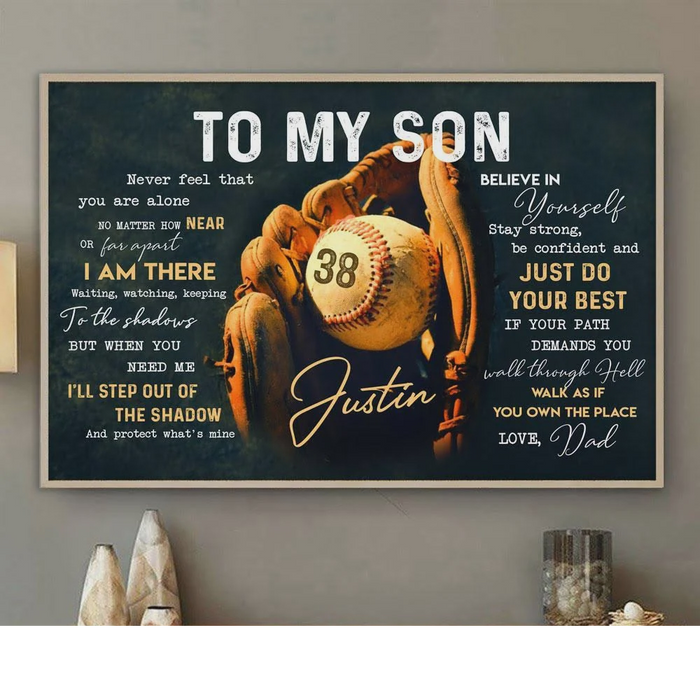 Personalized To My Son Canvas Wall Art From Dad 3D Ball Gloves Never Feel That You Are Alone Custom Name Poster Prints