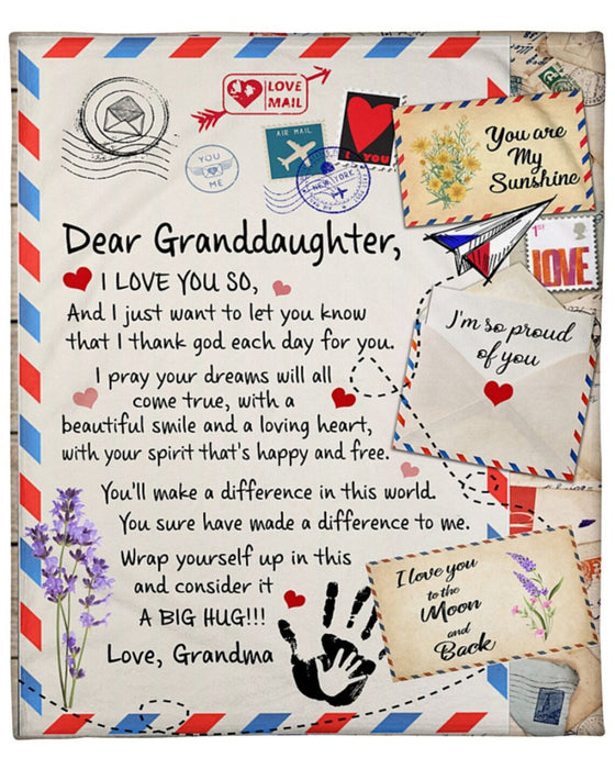 Personalized Dear Granddaughter Blanket From Grandma I Thank God Each Day For You Air Mail Blanket Handprint & Flower