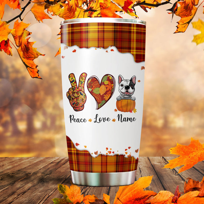 Personalized Tumbler For Dog Owner Peace Love Pumpkin Autumn Fall Lover Custom Name Travel Cup Gifts For Thanksgiving