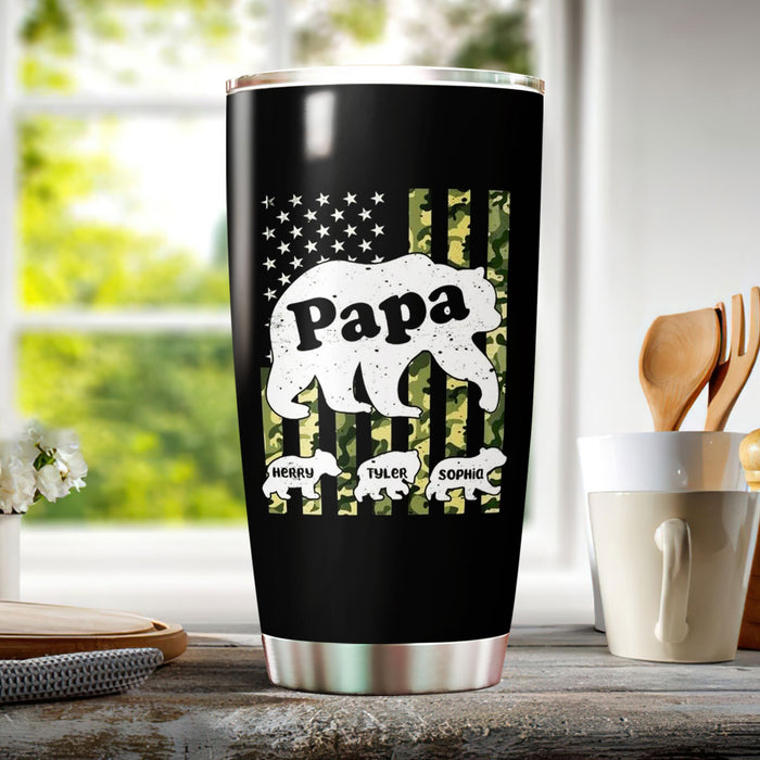 Personalized Tumbler For Grandpa From Grandchild Papa Bear Camouflage Usa Flag Custom Name Travel Cup Birthday Gifts