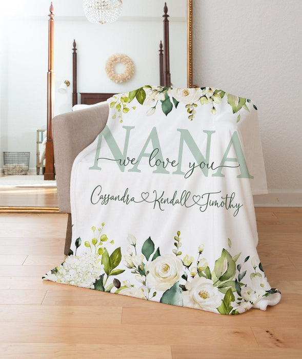 Personalized Blanket For Mom Grandma We Love You Vintage White Roses Flower Printed Custom Grandkids Name