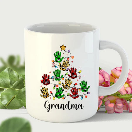 Personalized Coffee Mug Gifts For Grandma Christmas Light Pine Tree Plaid Custom Grandkids Name Christmas White Cup