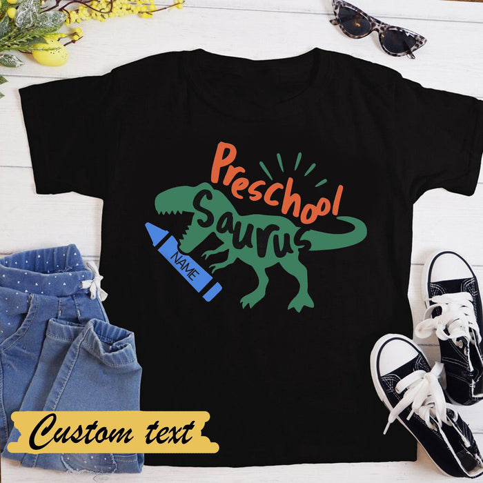 Personalized T-Shirt For Kids Preschool Saurus Cute Dinosaur With Pencil Custom Name & Grade Level Back To School Outfit