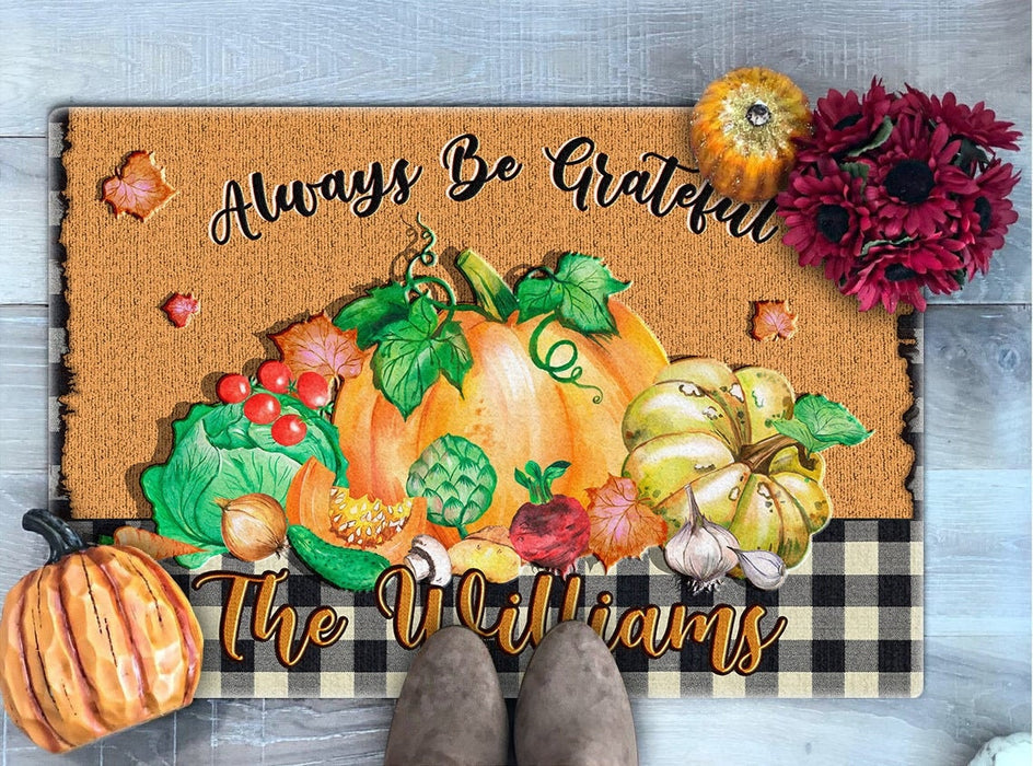 Personalized Welcome Doormat Always Be Grateful Cute Pumpkin And Maple Leaves Printed Plaid Design Custom Family Name