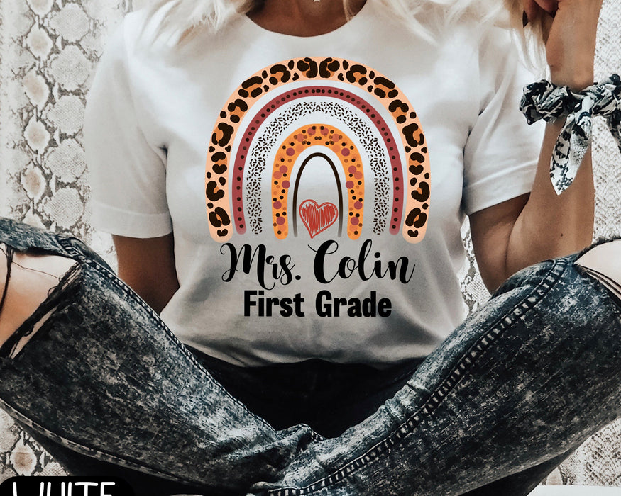 Personalized T-Shirt For Teacher Boho Rainbow Heart Leopard Design Custom Grade Shirt Gifts For Back To School