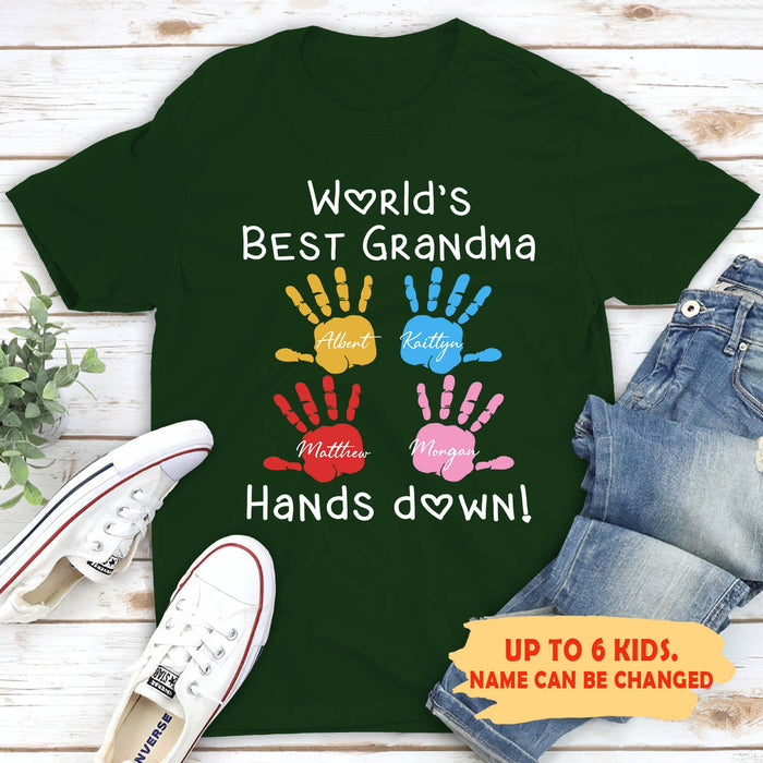 Personalized T-Shirt For Grandpa World'S Best Grandpa Hands Down Colorful Handprint Printed Custom Grandkids Name