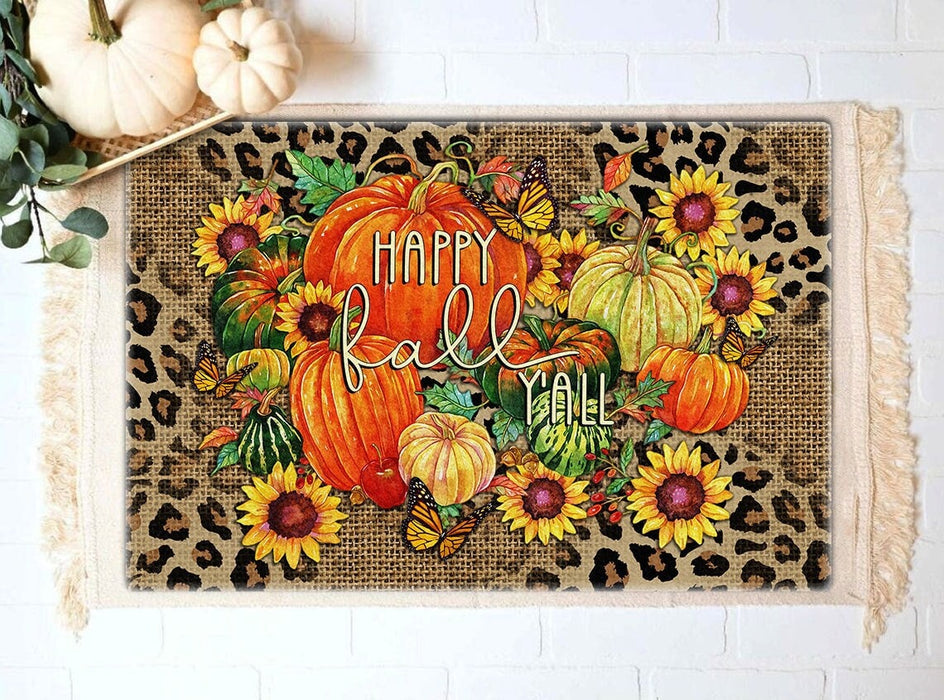 Welcome Doormat For Fall Doormat Happy Fall Y'all Pumpkin Sunflower & Butterfly Printed Leopard Colorful Design