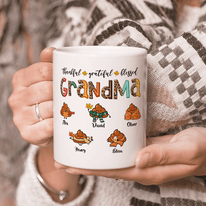 Personalized Coffee Mug Gifts For Grandma Thankful Grateful Leopard Funny Poops Custom Grandkids Name Birthday White Cup