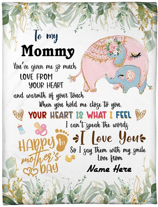 Personalized Blanket For New Mom Happy 1st Mother'S Day Hugging Elephant Printed Premium Blanket Custom Name