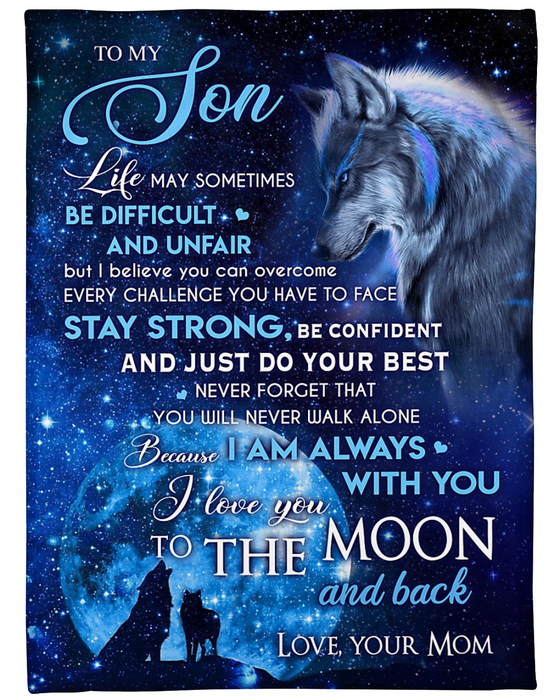 Personalized Premium Fleece Blanket To My Son From Mom Wolfs & Moon Night Sky Design Print Custom Name Throw Blanket