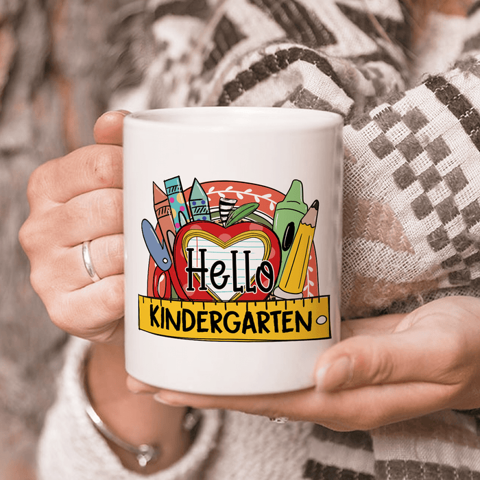 Personalized Coffee Mug Gifts For Kids Hello Kindergarten Pencil Ruler Custom Grade Ceramic White Cup For Back To School