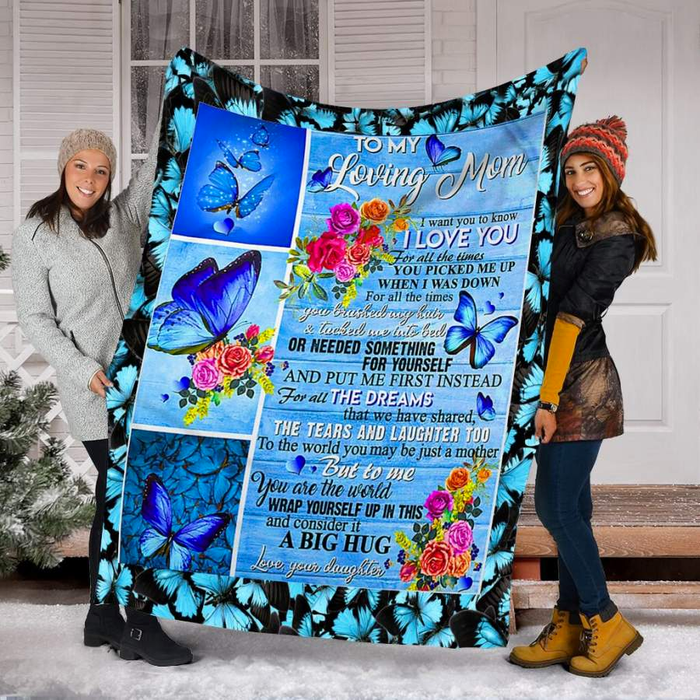 Personalized Lovely Blanket To My Loving Mom On Mothers Day Blue Butterfly & Flower Blankets Custom Name