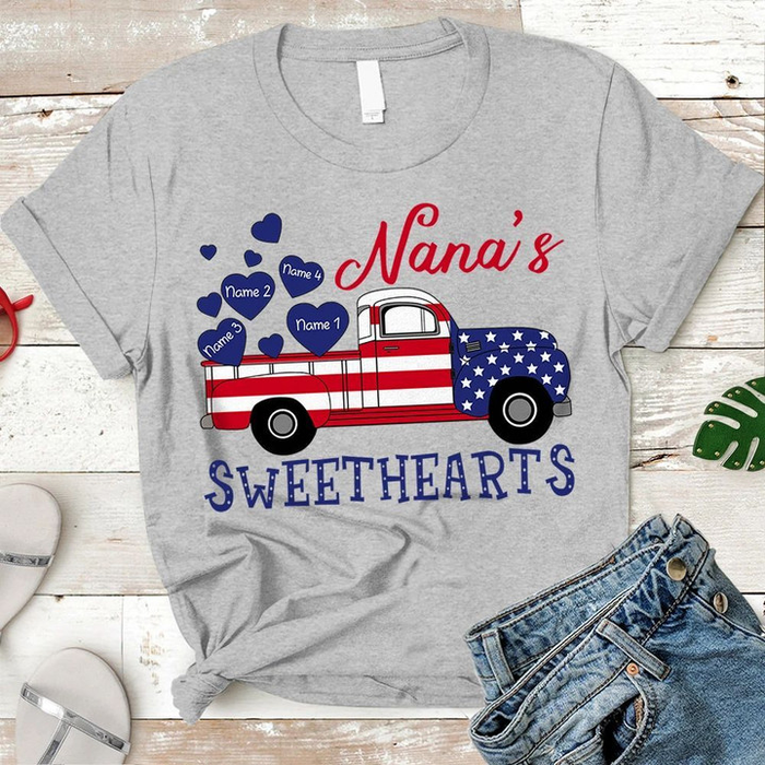 Personalized T-Shirt For Grandma Sweethearts Truck Print USA Flag Style Custom Grandkids Name 4th July Day Shirt