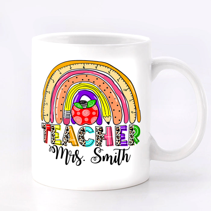 Personalized Back To School Mug Colorful Rainbow Pencil Print Custom Name & Grade Level 11 15oz Ceramic Coffee Cup