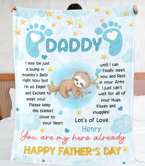 Personalized Fleece Sherpa Blanket From Baby Boy To New Daddy Cute Sloth I Just Can't Wait Custom Name Happy Fathers Day