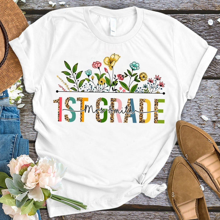 Personalized T-Shirt For Teacher 1st Grade Wildflower Leopard Design Custom Name Shirt Gifts For Back To School