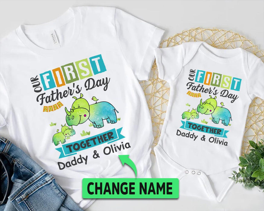 Personalized Matching T-Shirt & Baby Onesie Our First Father's Day Cute Funny Dinosaur Custom Name Daddy & Baby Set