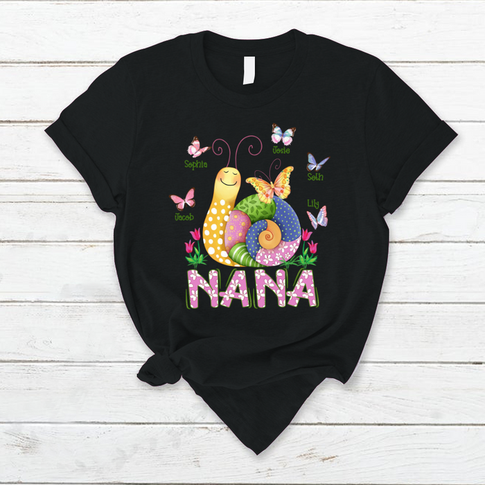 Personalized T-Shirt For Grandma Nana Cute Snail & Butterfly Printed Custom Grandkids Name Mothers Day Shirt