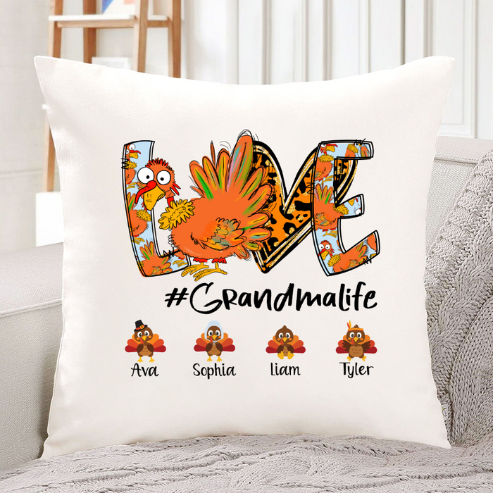 Personalized Square Pillow For Grandma Leopard Heart Turkey Love Life Custom Grandkids Name Sofa Cushion Birthday Gifts