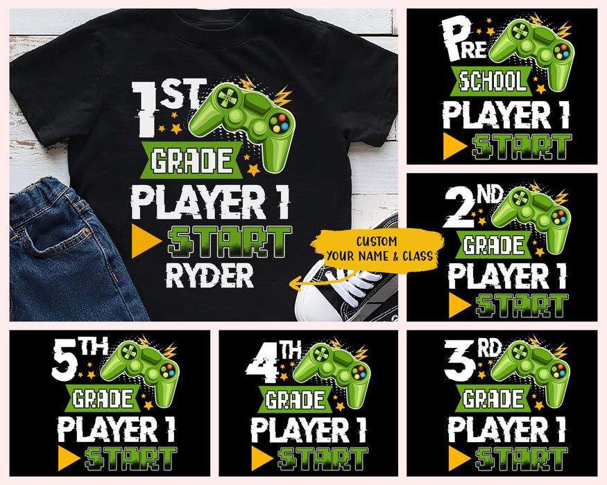 Personalized T-Shirt For Kids First Grade Player 1 Start Gaming Lovers Custom Name & Grade Shirt Back To School Outfit