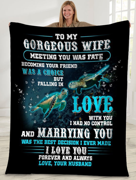 Personalized Blanket To My Gorgeous Wife Meeting You Was Fate Sea Turtle Couple Prints Blanket For Valentine Custom Name