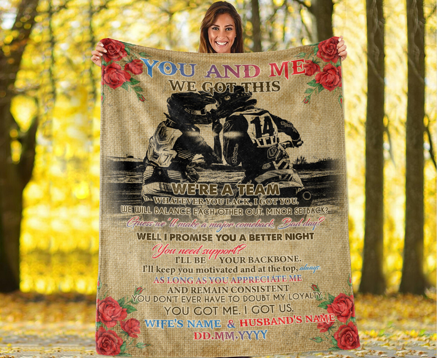 Personalized Blanket For Biker Wife Husband We'Re A Team Whatever You Lack I Got You Biking Couple & Flower Printed