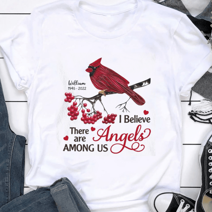 Personalized Memorial T-Shirt For Loss Of Loved Ones There Are Angels Around Us Red Bird Custom Name Memorial Gifts