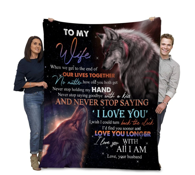 Personalized Fleece Blanket To My Wife Never Stop Saying I Love You Wolf Couple Print Blanket For Valentines Custom Name