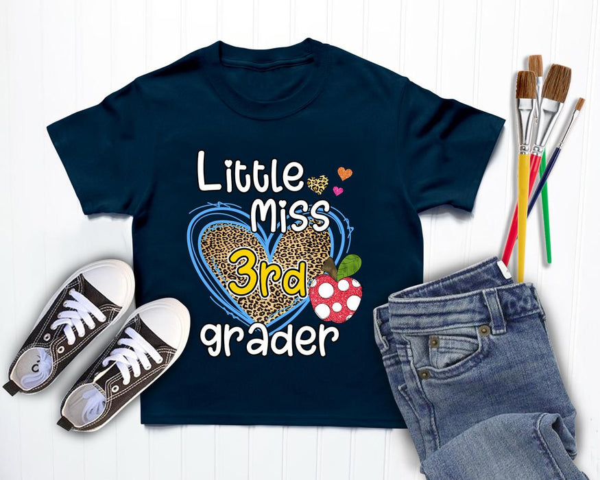 Personalized T-Shirt For Kids Little Miss 3rd Grade Leopard Heart Apple Printed Custom Grade Level Back To SchooL Outfit