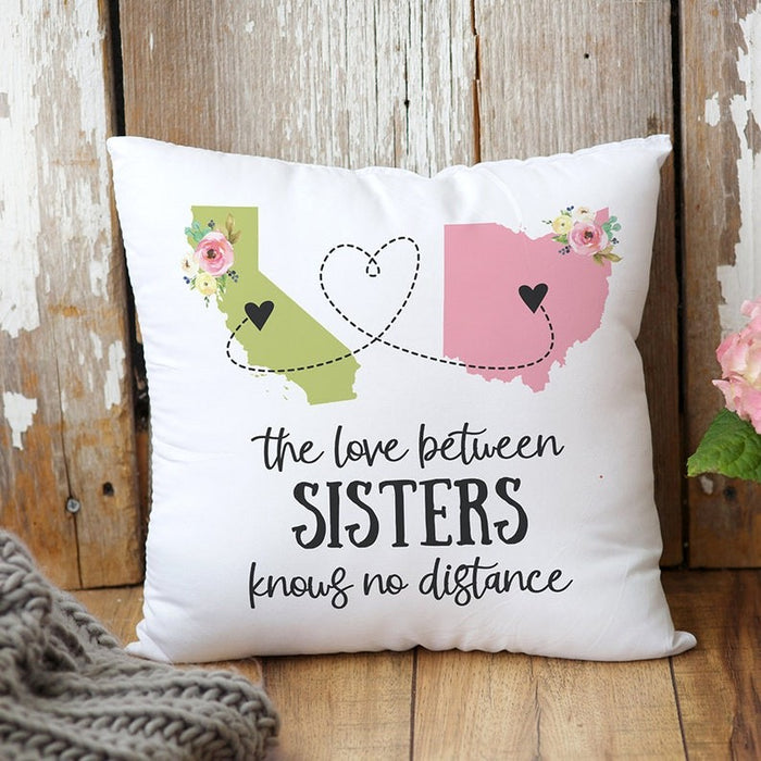 Personalized Square Pillow For Sisters Long Distance Love Knows No Distance Custom Name Sofa Cushion Birthday Gifts