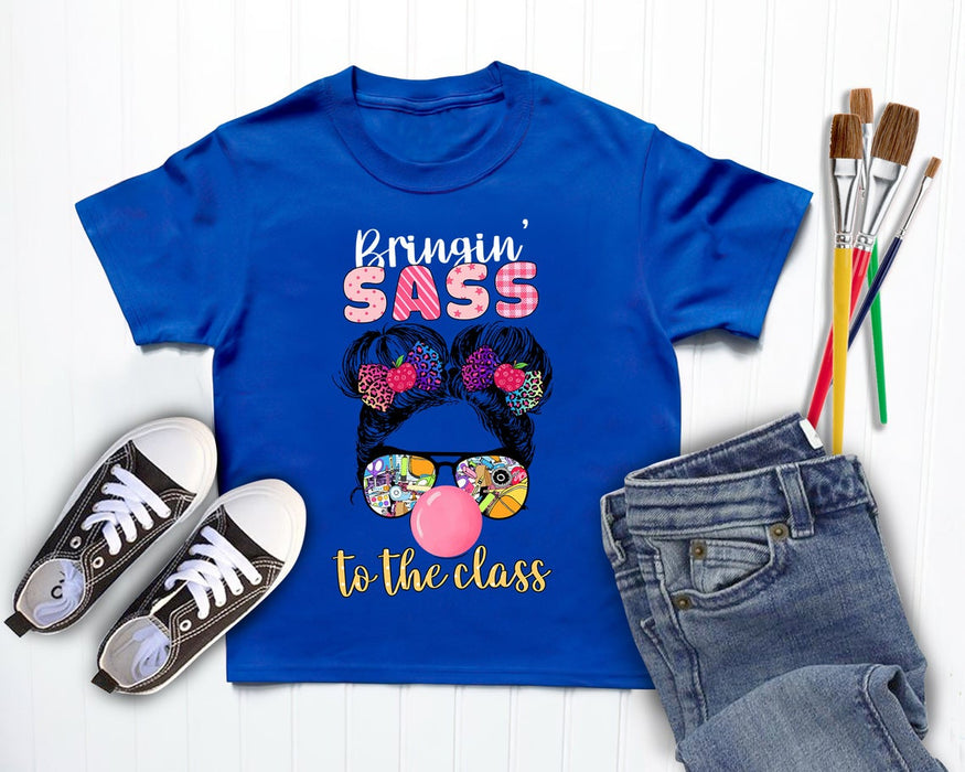 Personalized T-Shirt For Kids Sass To The Class Messy Bun Hair Cute Girl With Glasses Custom Name Back To School Outfit