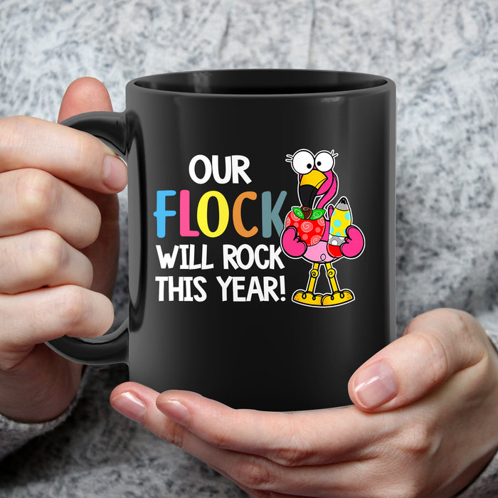 Novelty Back To School Mug Our Flock Will Rock This Year Flamingo Printed 11 15oz Black Ceramic Coffee Cup