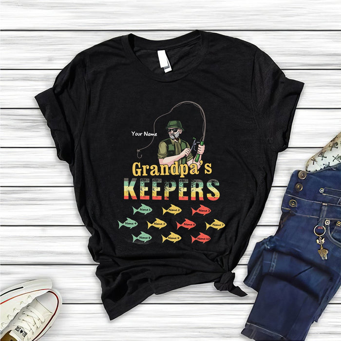 Personalized T-Shirt For Fishing Lovers Grandpa's Keepers Man With Rod & Fish Printed Custom Grandpa & Grandkid's Names
