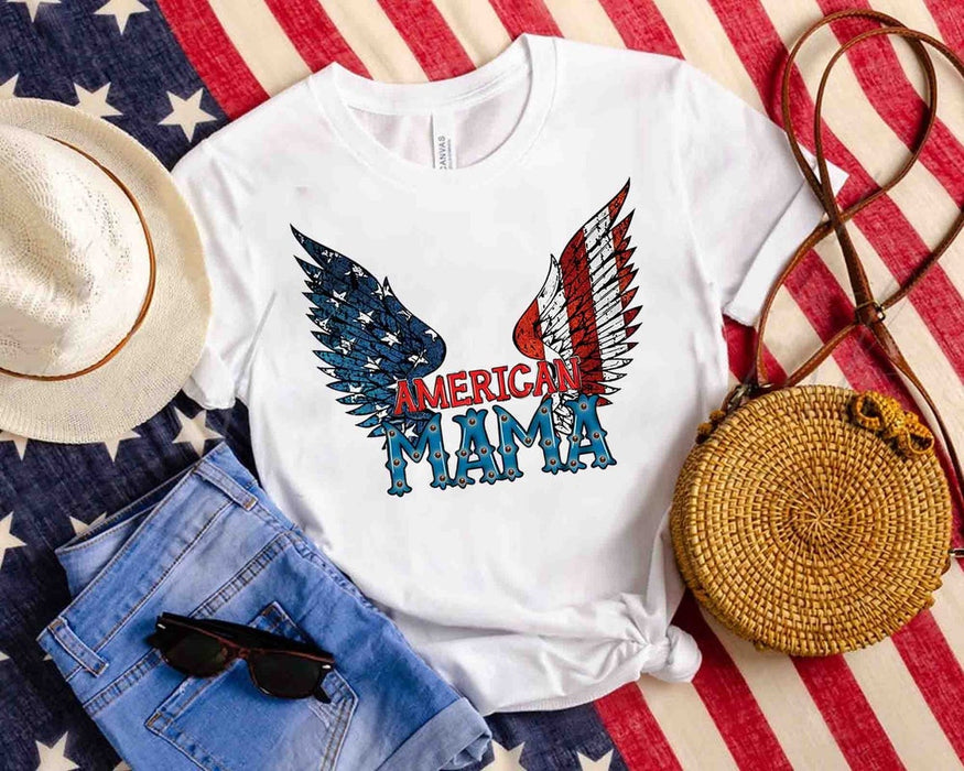 Personalized T-Shirt For Women American Mama Eagle Wings US Flag Art Printed Red White Blue Design Custom Nickname