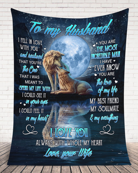 Personalized Blanket To My Husband From Wife I Fell In Love With You Wolf Couple Under The Moon Print Custom Name