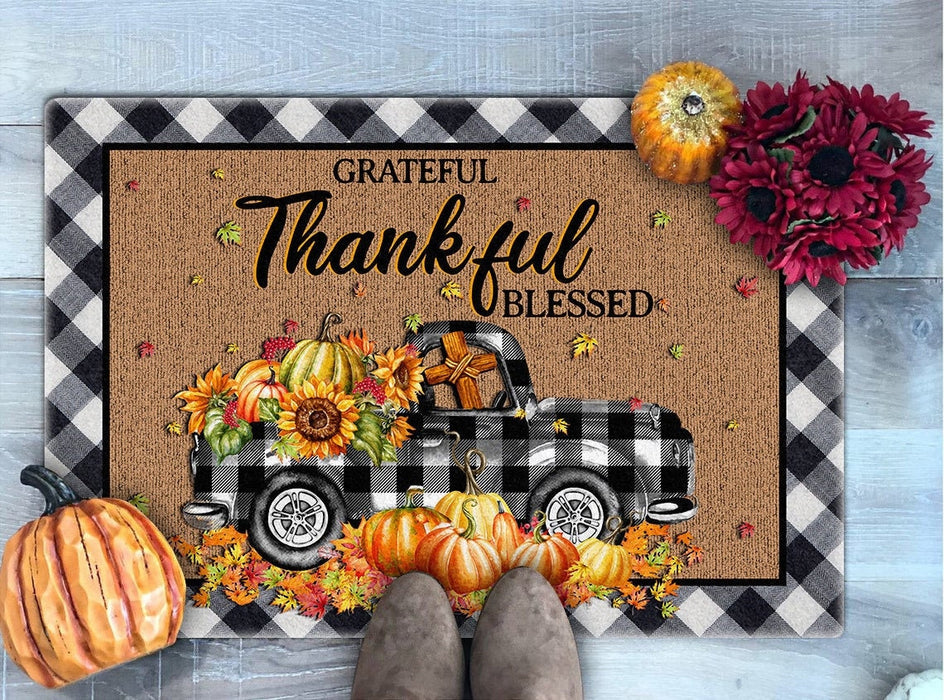 Welcome Doormat For Christian Lovers Grateful Thankful Blessed Pumpkin Truck With Sunflower & Cross Printed Plaid Design