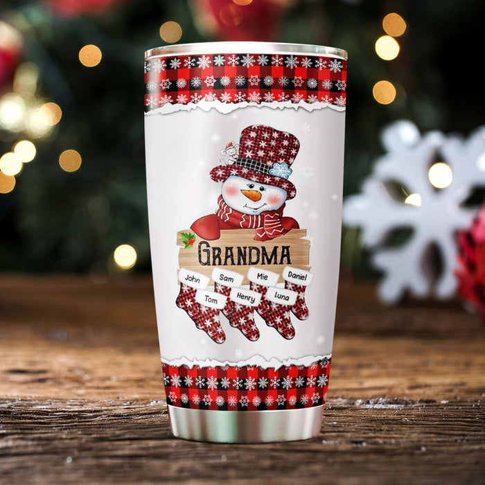Personalized Tumbler Gifts For Grandma Red Plaid Snowman Socks Stockings Custom Grandkids Name Travel Cup For Christmas