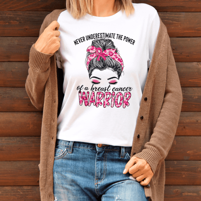 Breast Cancer Awareness T-Shirt For Girl Women Leopard Pink Ribbon Messy Bun Shirt For Cancer Support Inspirational Gift