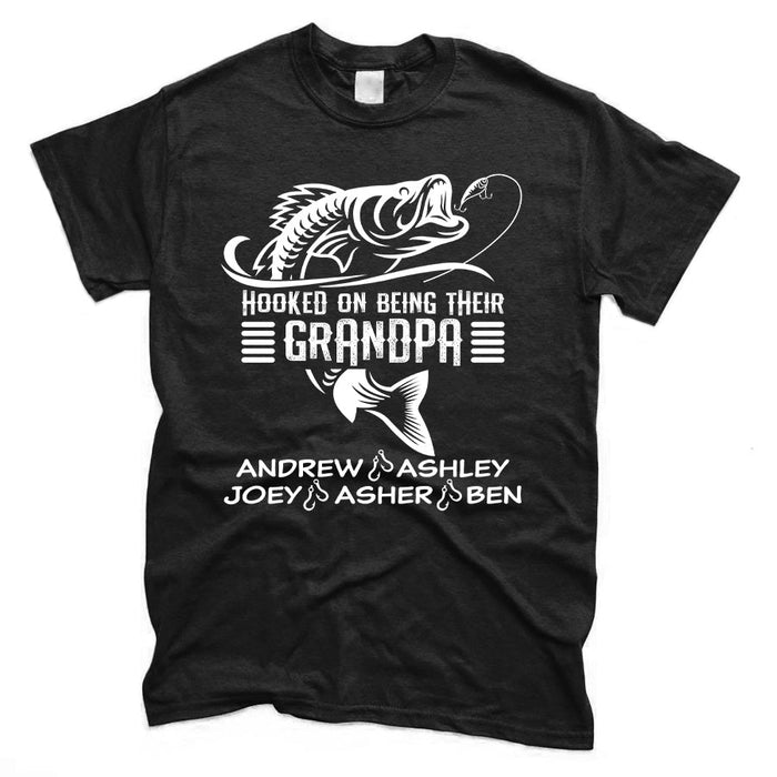 Personalized T-Shirt For Fishing Lovers Grandpa Hooked On Being Their Grandpa Big Fish Printed Custom Grandkids Name